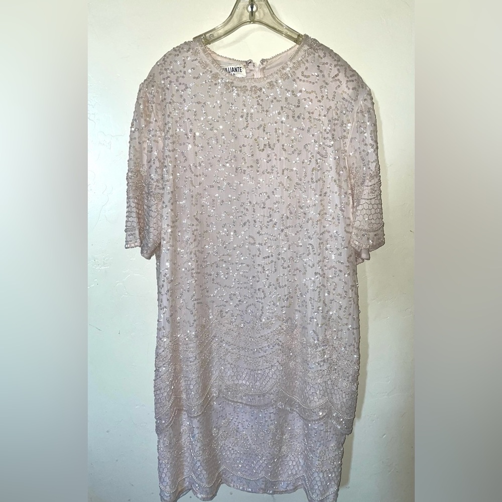 VTG Dress Brilliante JA Beaded 100% Silk Scalloped Layered Sequin Pink Sz P/L